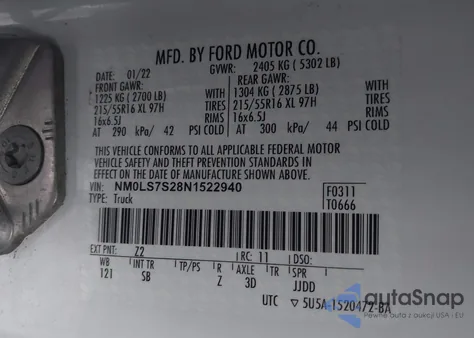 2022 Ford Transit Connect Xl Cargo Van z USA, uszkodzony, nr VIN NM0LS7S28N1522940